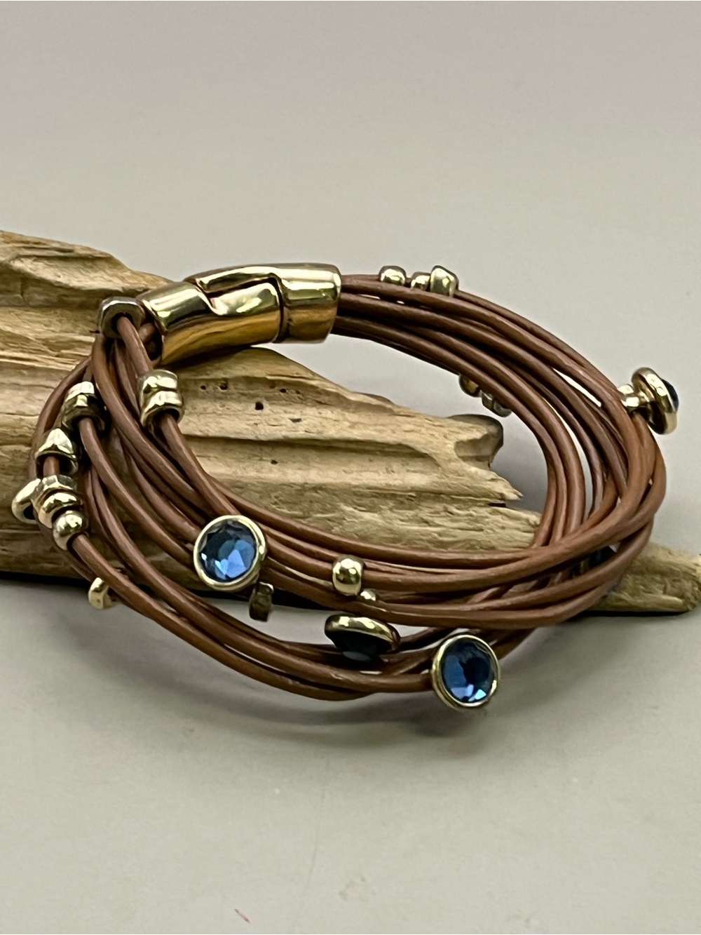 Gold Tone Leather Wrap Bracelet Blue Crystal Magnetic Clasp Boho Stacking Cuff